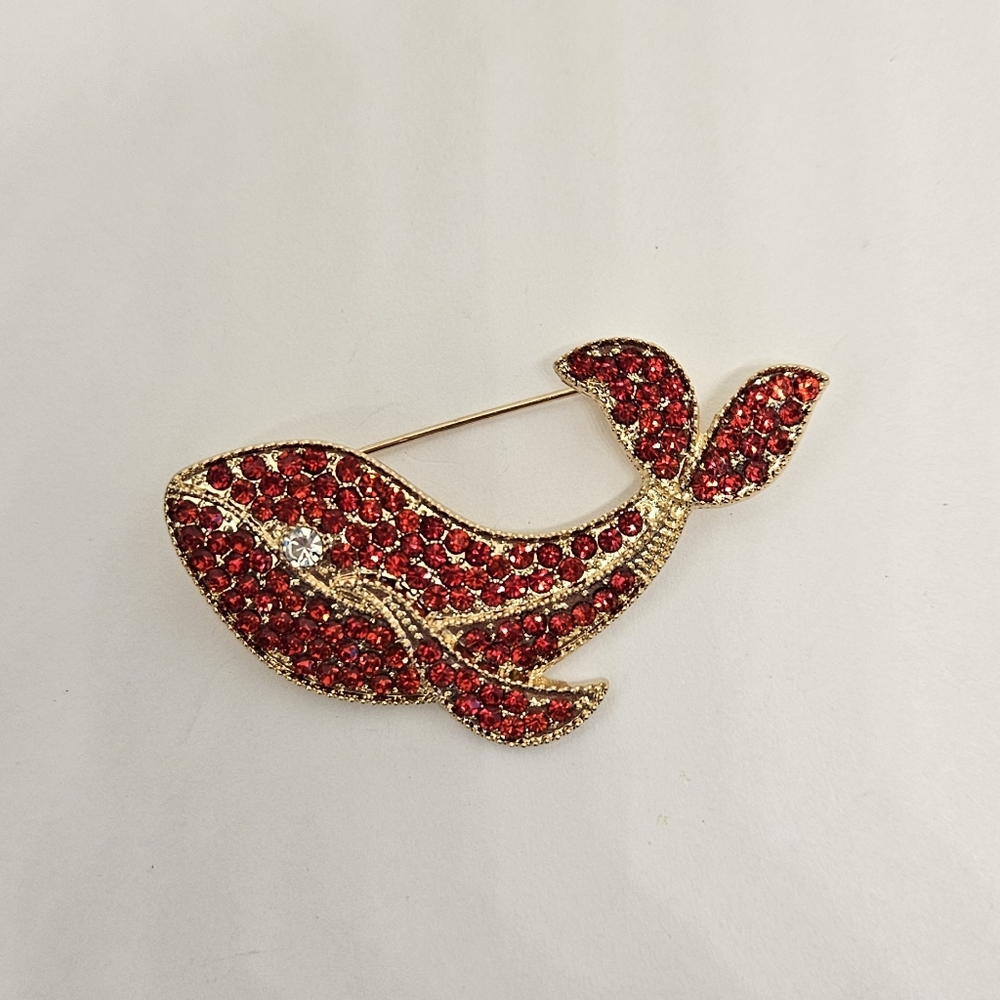 Whale Brooch Pin Red Rhinestones Crystals Gold Tone